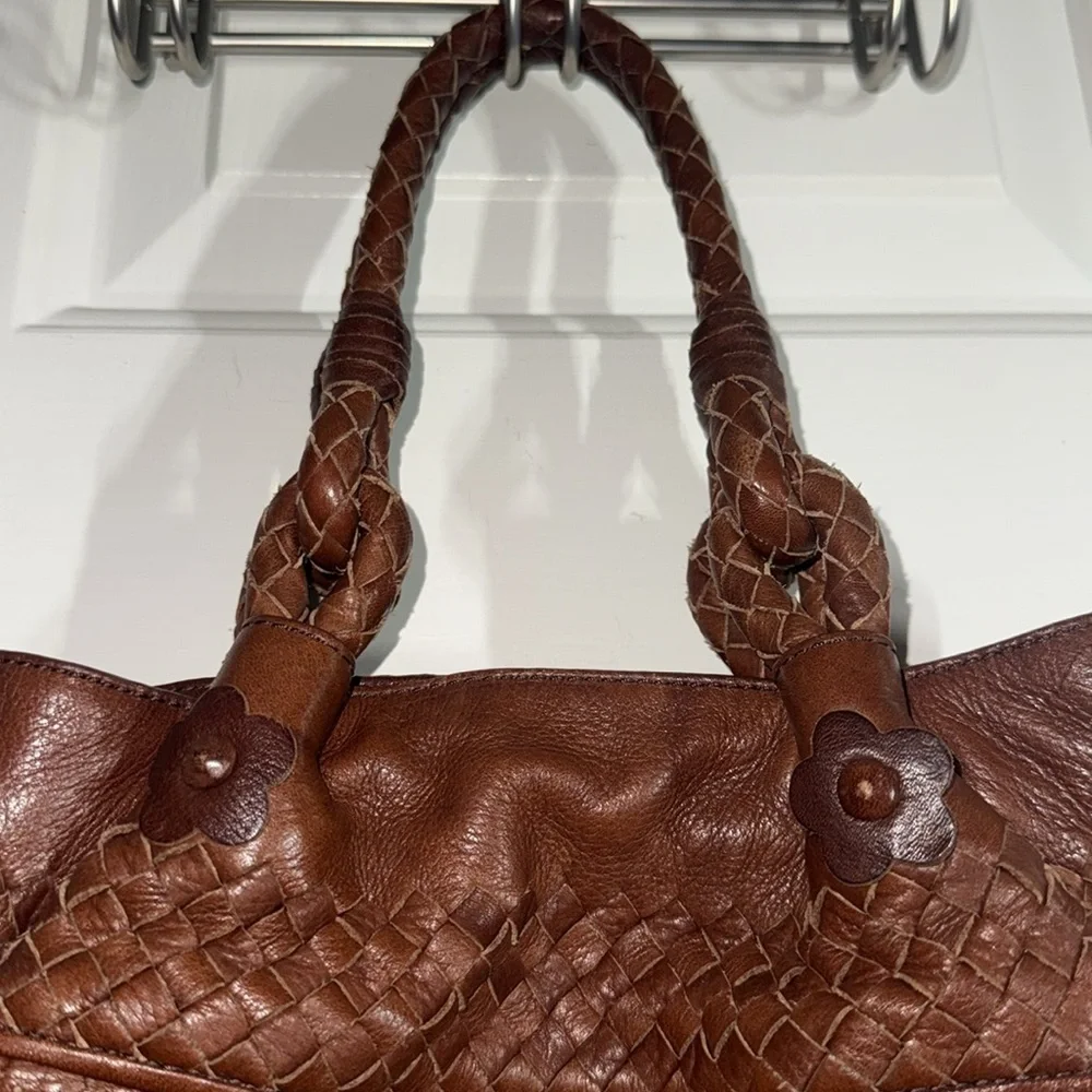 Elliott Luca Brown Pebbled Leather w/ Woven Details Everyday Medium Size Handbag